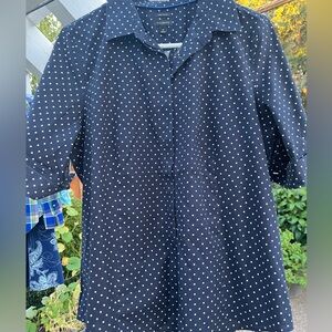 A Talbots size 14 polkadotted navy blue short sleeve blouse